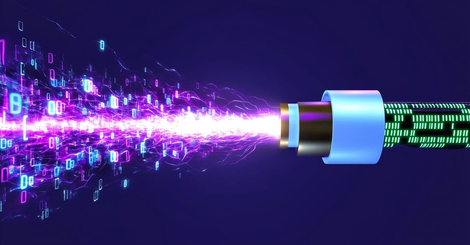 The threat to energy grids is constant, and fault detection and predictive maintenance must be constant. Wire that has disconnected and is spewing data and electrical current on a blue background.