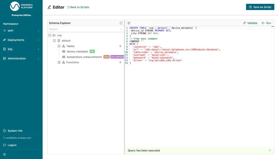 Executing the CREATE TABLE statement for device_metadata