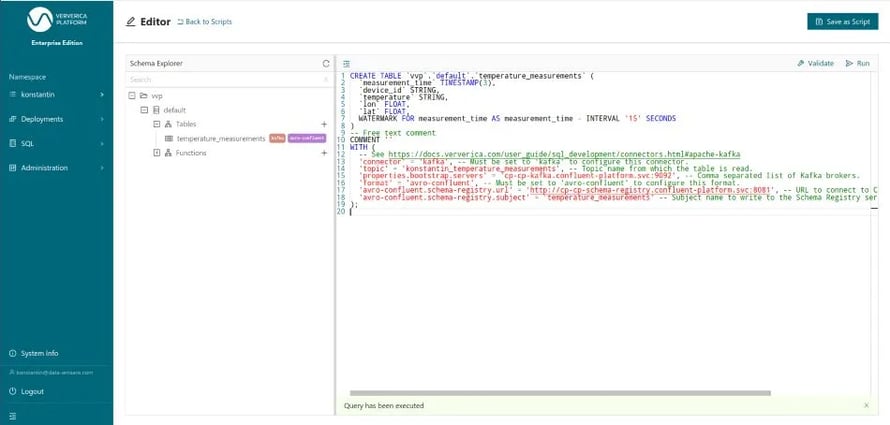 Executing the CREATE TABLE statement for temperature_measurements