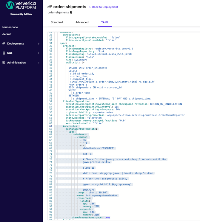 Ververica platform YAML deployment