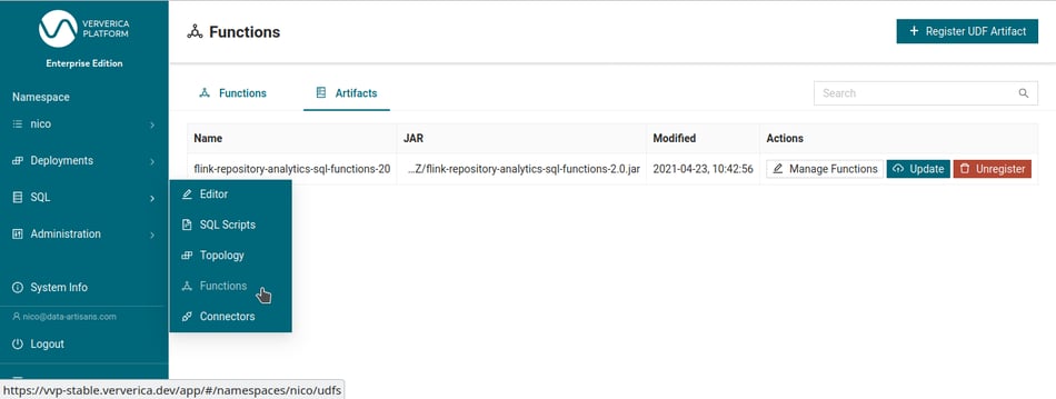 Register UDF Artifact-Ververica Platform-Apache Flink