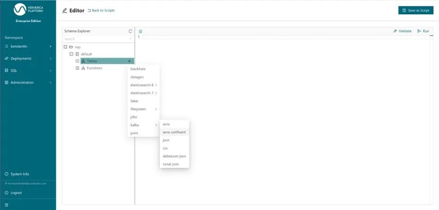 Selecting a CREATE TABLE template for “kafka” with “confluent-avro” format