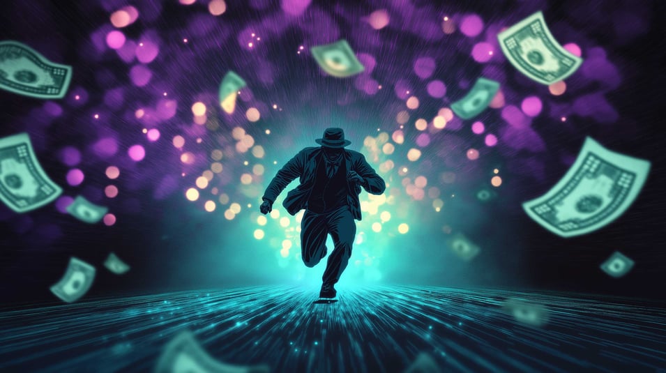 AI informed design of person running through data stream with money and light flashing around them, meant to imply the concept of outrunning fraudsters.