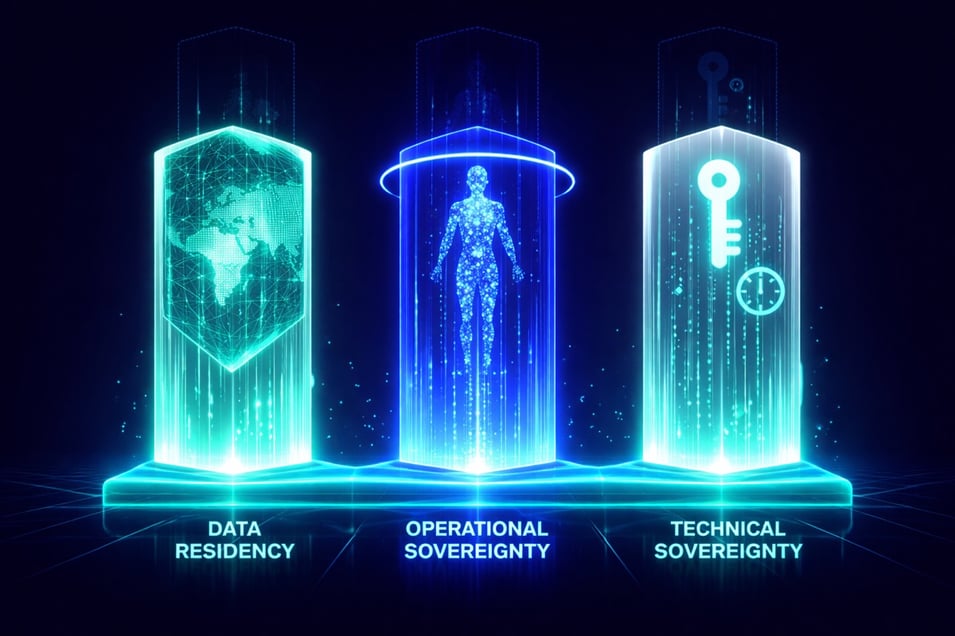 Three luminous pillars representing data residency, operational sovereignty, and technical sovereignty connected at their foundation