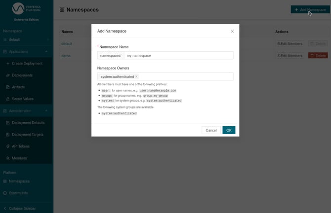 Ververica Platform Web UI Namespace