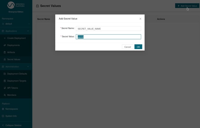 Ververica Platform WEb UI Secret