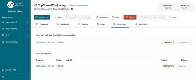 Ververica Platform Snapshot Web UI