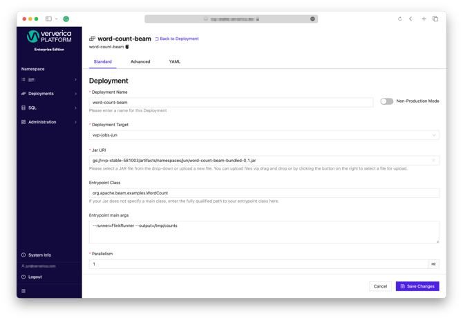 Ververica Platform WebUI Create deployment 