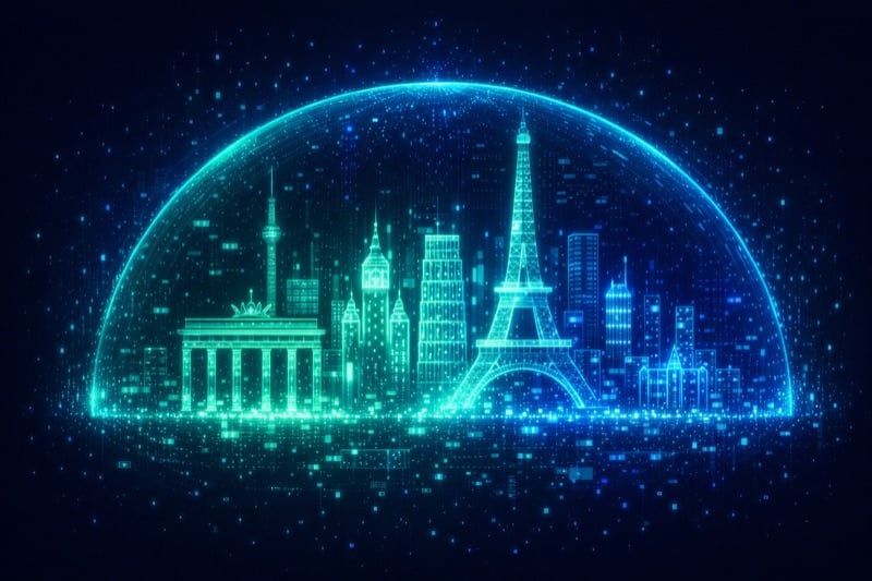 Abstract visualization of European cityscape made of glowing data representing EU corporate governance and data protection