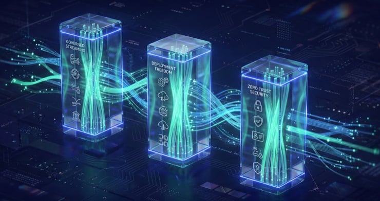 Abstract visualization of three interconnected pillars representing FSI data sovereignty requirements