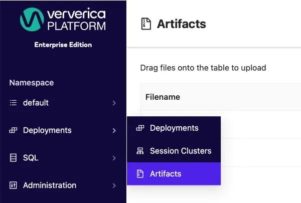 Ververica platform menu view for artifacts