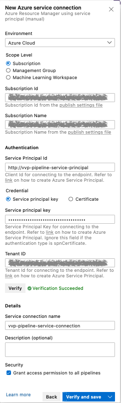New Azure Service Connection, Azure pipelines, Ververica Platform, Microsoft Azure