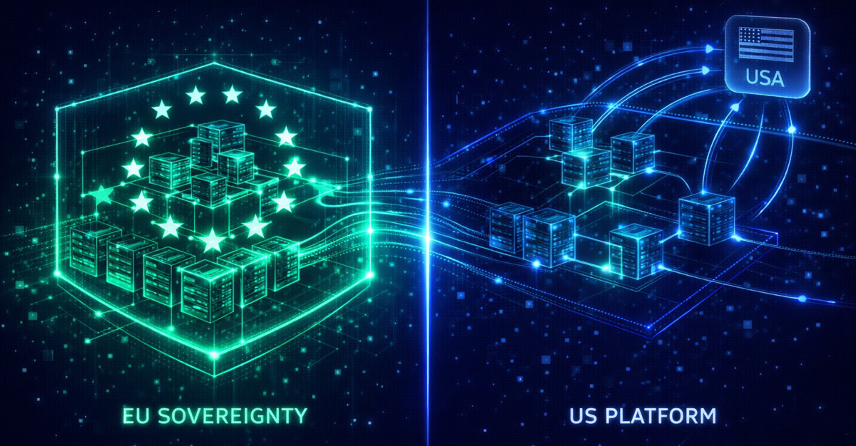 Architecture diagram comparing EU-sovereign data flows contained within boundaries versus US platform data flows crossing jurisdictional borders Architecture diagram comparing EU-sovereign data flows contained within boundaries versus US platform data flows crossing jurisdictional borders